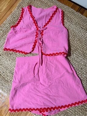 Pink Two-Piece Tie-Front Dress with Red Trim